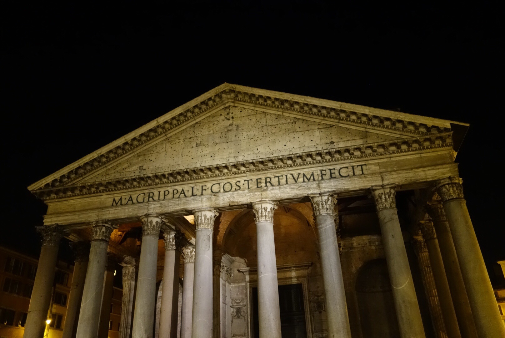 The Roman Pantheon at night--miraculously without all those little blue LED flying toys all the vendors sell out front.